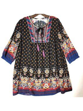 Umgee USA Tunic Top Womens Sz L Tasseled Tie Neck Black Multi Color Boho Peasant